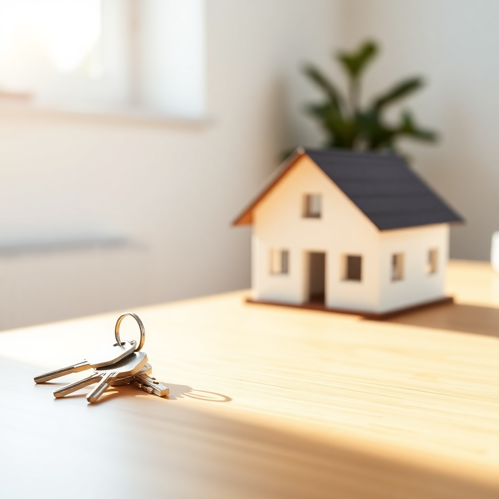 A set of keys resting on a table next to a small house model, symbolizing solutions and fresh starts. Bright and minimalistic design.