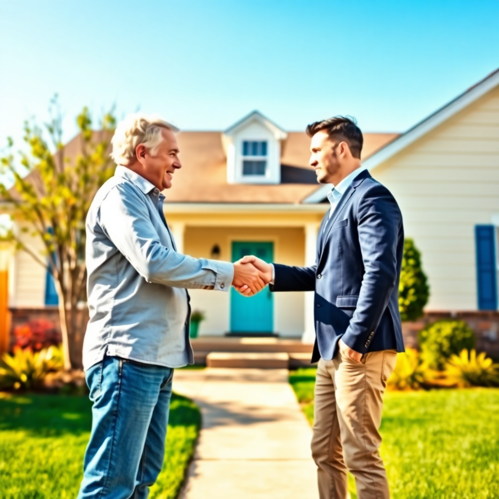Two professional men shaking hands over a house model , symbolizing a successful real estate deal amidst high mortgage rates in 2025
