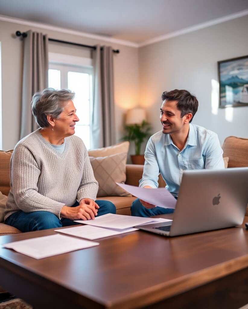 A professional advisor sitting with a homeowner at a dining table, both looking at documents, with a reassuring and collaborative vibe.