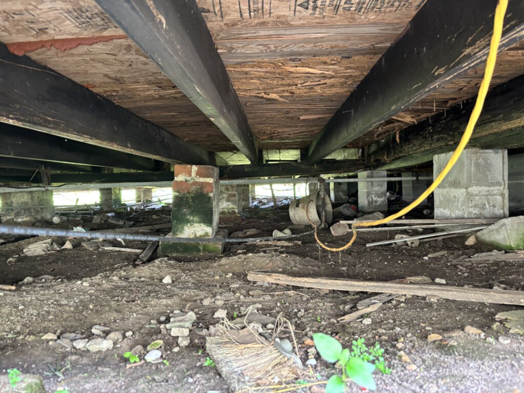 Damaged subfloor with visible termite damage and a leaning pier, indicating structural issues beneath the house