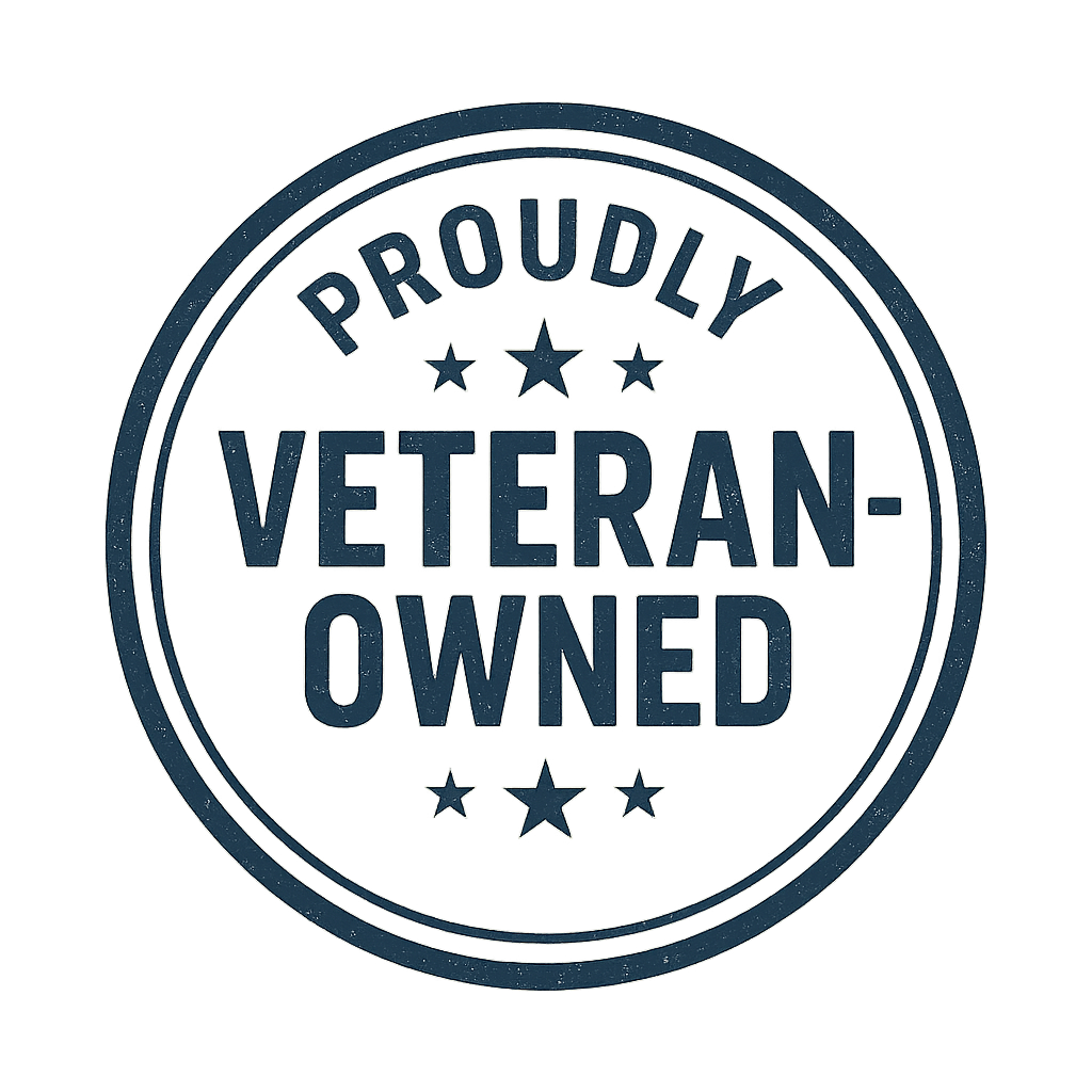 Circular teal badge with the words “Proudly Veteran-Owned” in bold capital letters, surrounded by stars and a double-ring border on an off-white background.