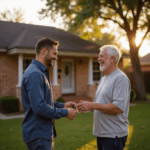 Homeowner handing keys to a smiling buyer in front of a modest Baton Rouge house, representing a fast and easy cash sale with no repairs or delays