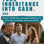 Smiling family outside an inherited home in Louisiana after selling it for cash, holding paperwork with relief