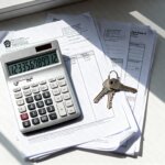 Flat-lay photo of a calculator on top of property tax bills, utility statements, and repair invoices with a set of house keys nearby, symbolizing the hidden costs of a vacant home.