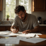 Louisiana homeowner sitting at a kitchen table with overdue mortgage bills, looking worried about foreclosure, with light from a window suggesting hope for a fresh start