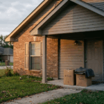 Louisiana home exterior with moving boxes at the entrance symbolizing selling a house during divorce and transitioning to a new chapter.
