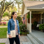A thoughtful homeowner stands on the front porch of a traditional, well-kept suburban house in Baton Rouge, holding a folder labeled "Estate Documents." The scene is bathed in warm, bright morning sunlight with mature trees in the background, evoking a sense of clarity and a fresh start.
