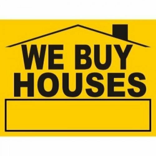 a yellow we buy houses sign with black letters used to market to people that want to sell my house fast in utah
