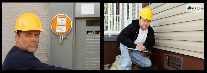 Two men inspecting a house outside with electrical issues