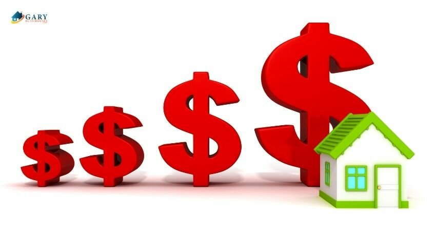 model home in front of dollar signs of increasing sizes