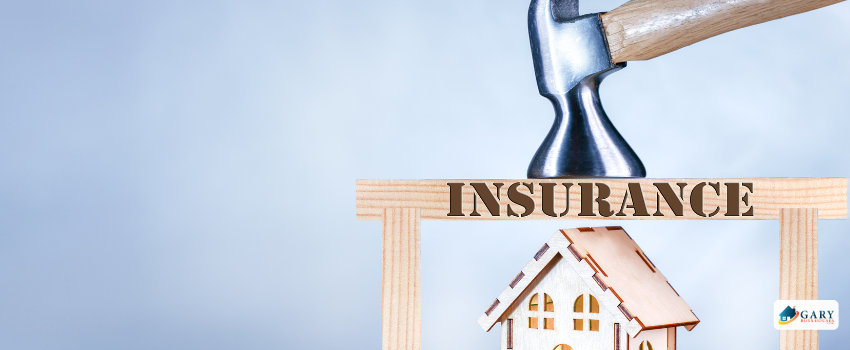 Image of a hammer and a house blocked by a wall that says "insurance"