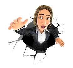 A woman climbing out of a hole as if she "fell through" it.