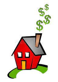 image of a red house with the fireplace burning and "dollar signs" coming out the chimney signifying cash for your house
