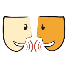 image of a one mask talking to another mask as if they are "communicating clearly" to each other