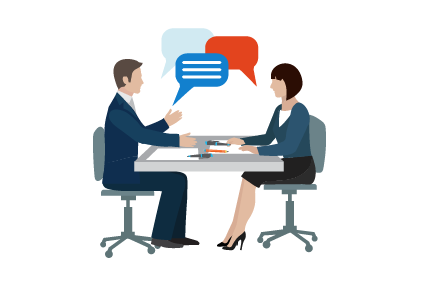 A man sitting across from a woman at a table negotiating real estate