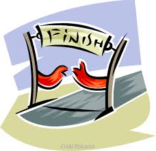 A finish line that has been broken which represents the end of the line, and if this case, it means In Conclusion.