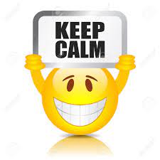 a figure smiling, holding a sign that says "keep calm"