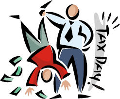 A man shaking another mans money out of his pockets to imply tax impiications.