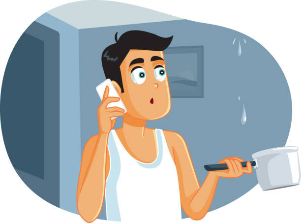 man holding a pot and calling his landlord to complain about a water leak.