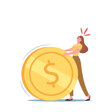 women next to large coin
