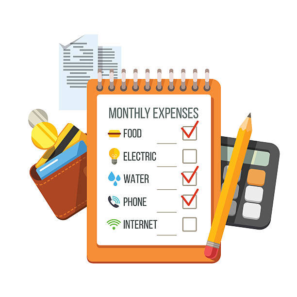 A check list written on a steno pad with different expenses listed and a wallet and calculator and pencil near which represent a check list of expenses