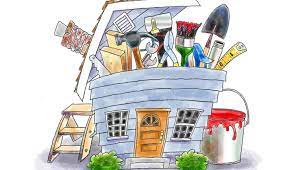 a house, in not great shape with tools coming out of the roof signifying its a fixer-upper