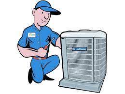 man besides an ac condenser looking like he is repairing it.
