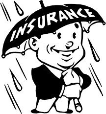 Man standing under an umbrella labeled "insurance", while in the rain which references him being protected.
