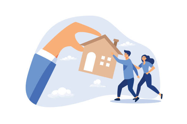 image of a hand picking up a house and helping a couple