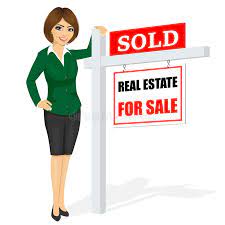 a woman standing in front of a for sale sign regarding real estate and a sold sign on top