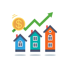 image of 3 houses on a graph showing that the values are going up, as if to signify a trend.