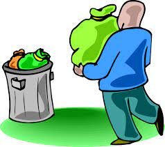 image of a man carrying garbage to a can.
