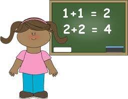 girl in front of chalkboard with simple equations on it.