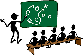 a coach in front of his team, drawing on a chalkboard the play representing "strategy"