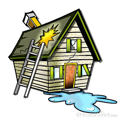 house in rough shape with holes in roof and water leaking.