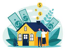 picture of a couple standing in front of their home with dollar bills and dollar signs coming out of it as if to represent the homes value