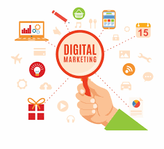 image of a hand holding a magnifying glass with images of "digital marketing" all around.