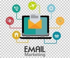 A computer surrounded by different icons representing email marketing.