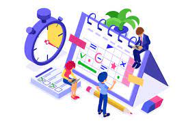 Picture of some people with a clock, a calendar and a notepad referring to them being flexible with time