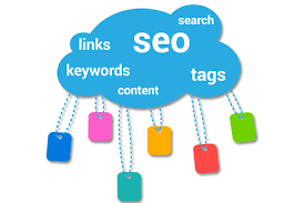 A cloud with words such as "links, search, keywords, content and tags" which signify SEO or Search Engine Optimization.