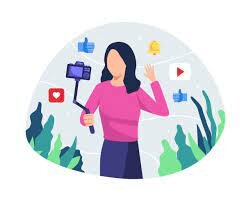 A woman holding a selfie stick, with social media icons all around here signifying that she is an influencer.