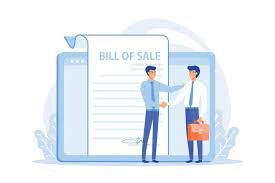 2 men shaking hands in front of a document labeled "bill of sale" referring to a real estate transaction.