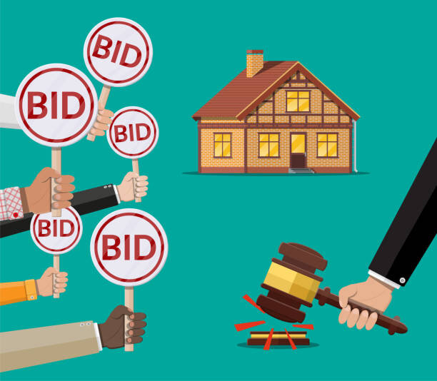 Picture of many people holding "Bid" signs near a house referring to lots of competition to buy said house