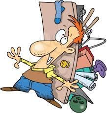 man standing in front of a closet door that is bursting with stuff, representing him as a hoarder and his house as a hoarder hosue
