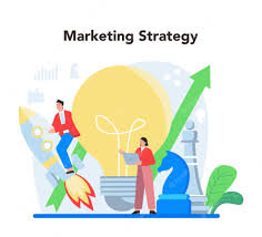 image of a couple people, one looks like on a rocket with a "market" behind them referring to marketing strategies