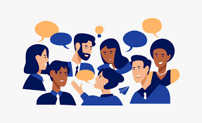 a bunch of people together with communication bubbles near their months representing they are communicating to each other.