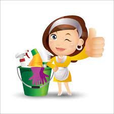 a woman with cleaning supplies and dressed as if she does it professionally.