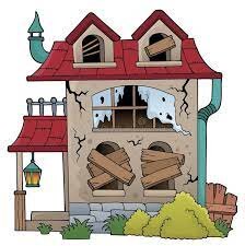 Image of a home, that looks in really bad shape, making it uninhabitable.