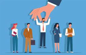 image of some people in a line and a hand "selecting" one of them to refer to selection or recruitment
