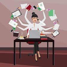 a woman at a desk with many arms holding all kinds of paperwork & desk work, in a frenzy, as if being an administrator is difficult